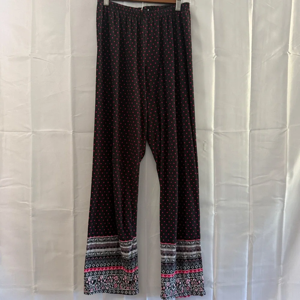 BT Loungewear Pajama Set Black Pink Heart Print Boho Border Long Sleeve Pants L